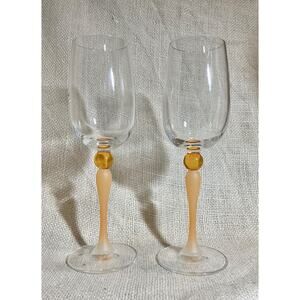 2 white wine glasses frosted amber orange stems